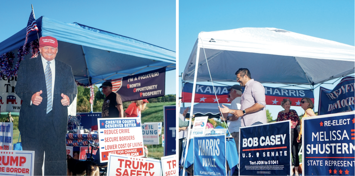 Political presence: Lawn signs and banners decorate the tents of the Tredyffrin Township Democrats and Tredyffrin Republicans as members engage with residents on Community Day. Both groups hosted youth activities and encouraged attendees to learn more about their candidates.